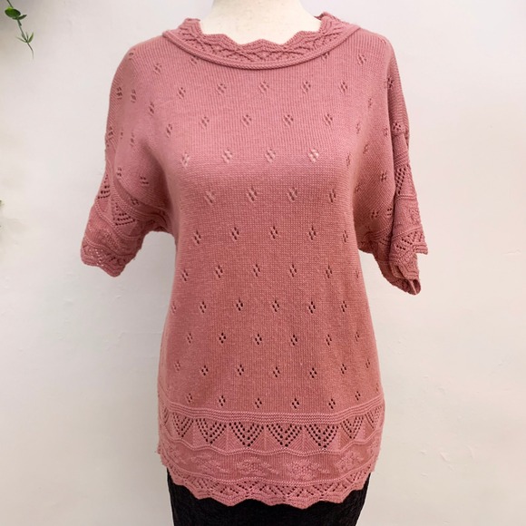 American Vintage Tops - Vintage 90's Pink Pointelle Knit‎ Cottagecore Sweater Top Medium Large